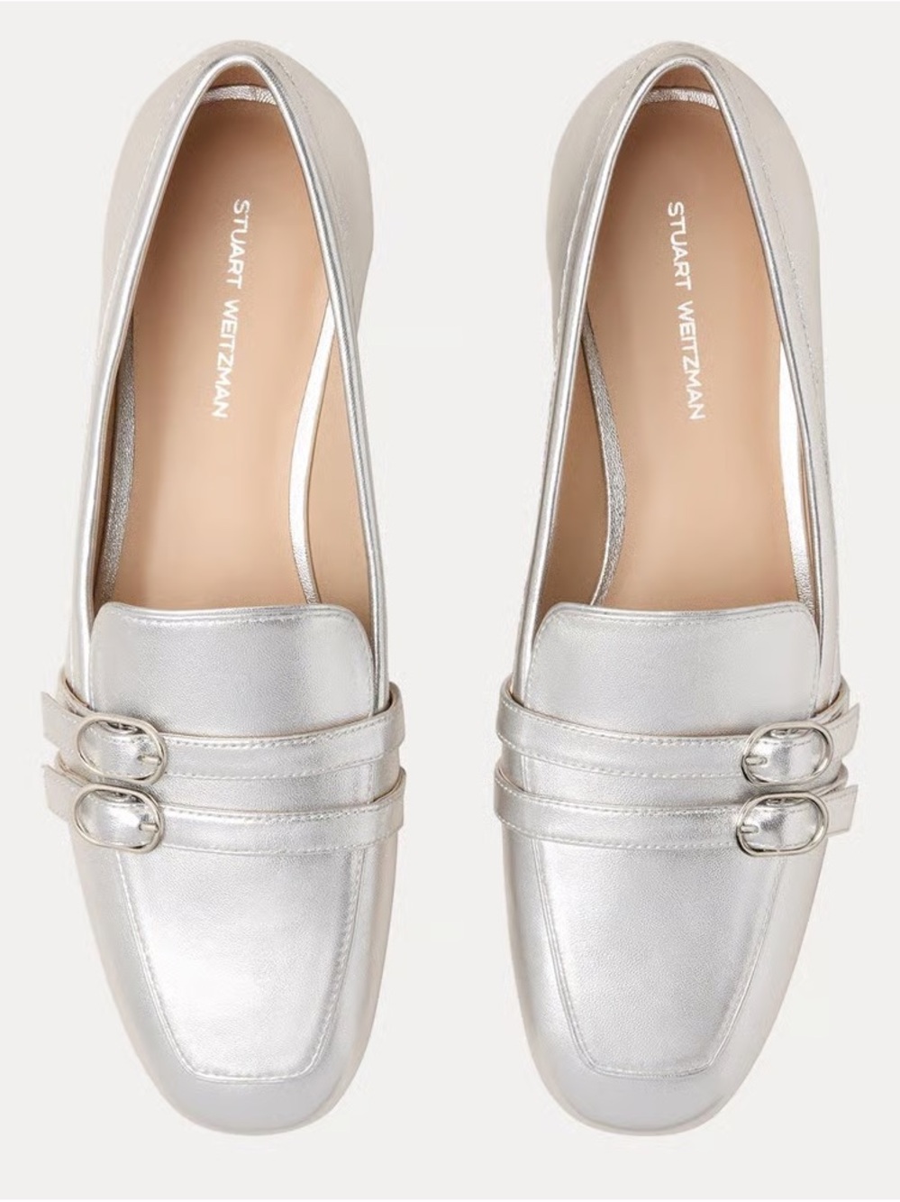 Stuart Weitzman Silver Metallic Double-Strap Loafers